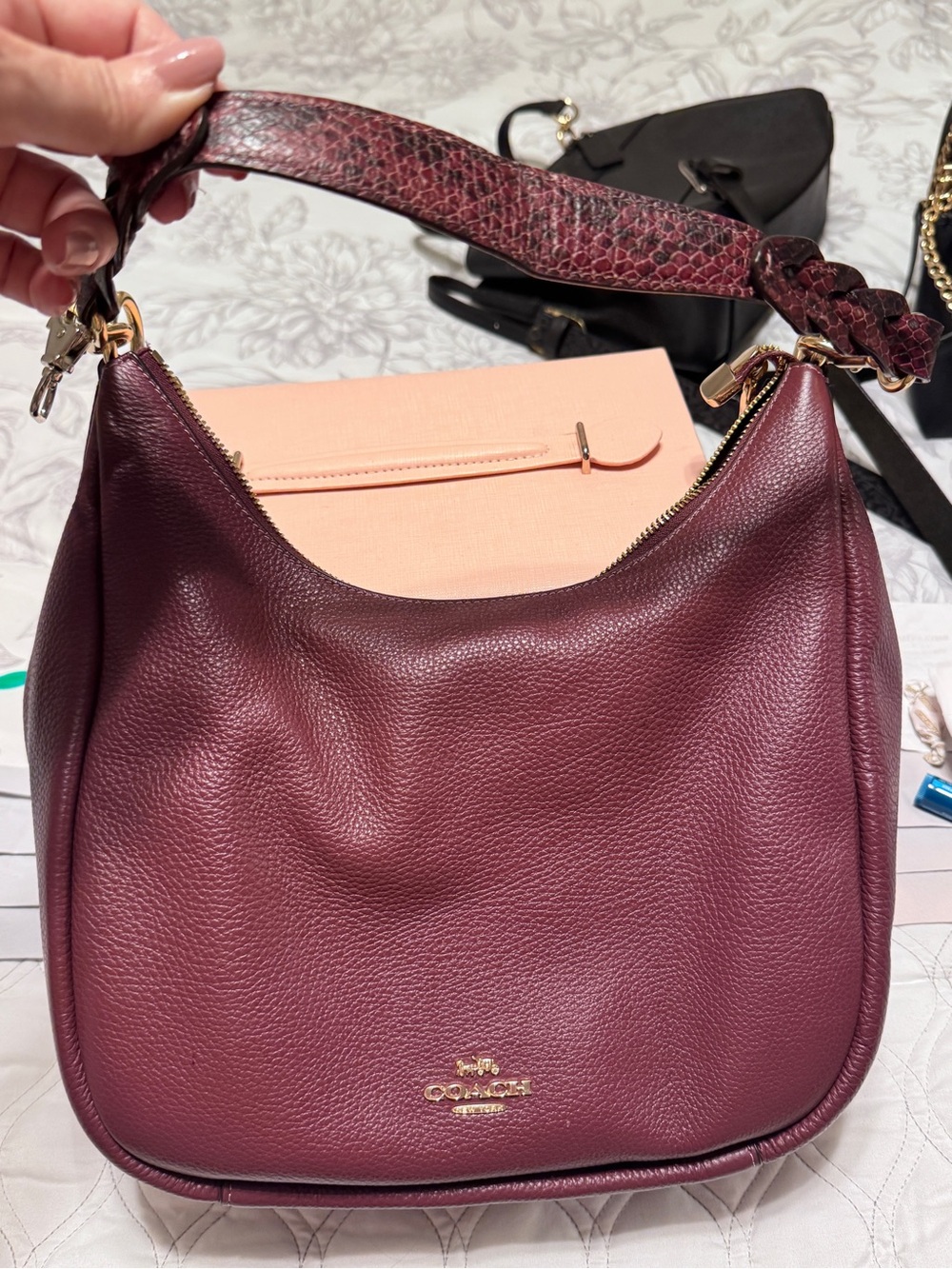 Coach Burgundy Pebbled Leather Shoulder Hobo with Snakeskin Accent